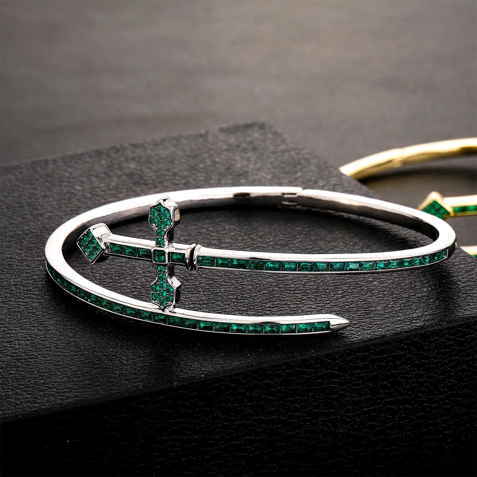 Sword Of Justice Symble Open Cuff Bangle Bracelet Ins Hip Hop Cross Green Purple Color AAA CZ Stone Shiny Cubic Zirconia_voghion.com
