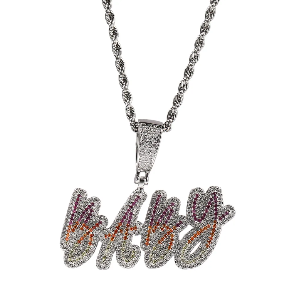 Collier avec pendentif personnalisé avec initiales cursives colorées de A à Z et pierre en zircone cubique glacée en or véritable_voghion.com
