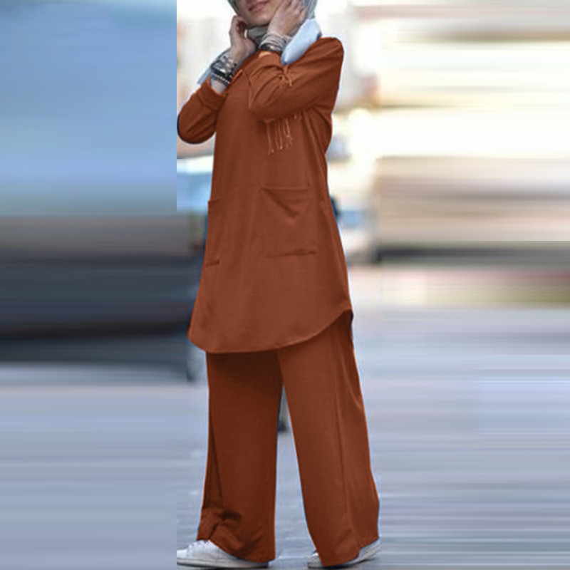 Completo due pezzi primavera autunno 2025 da donna, camicia a maniche lunghe, stile musulmano, pantaloni larghi taglie forti_voghion.com