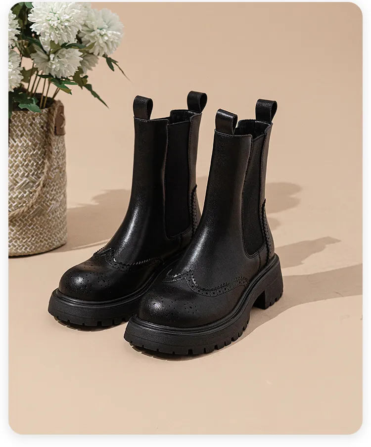 Echte Leder Brogue Chelsea Boots Für Damen Mit Dickem Absatz_voghion.com