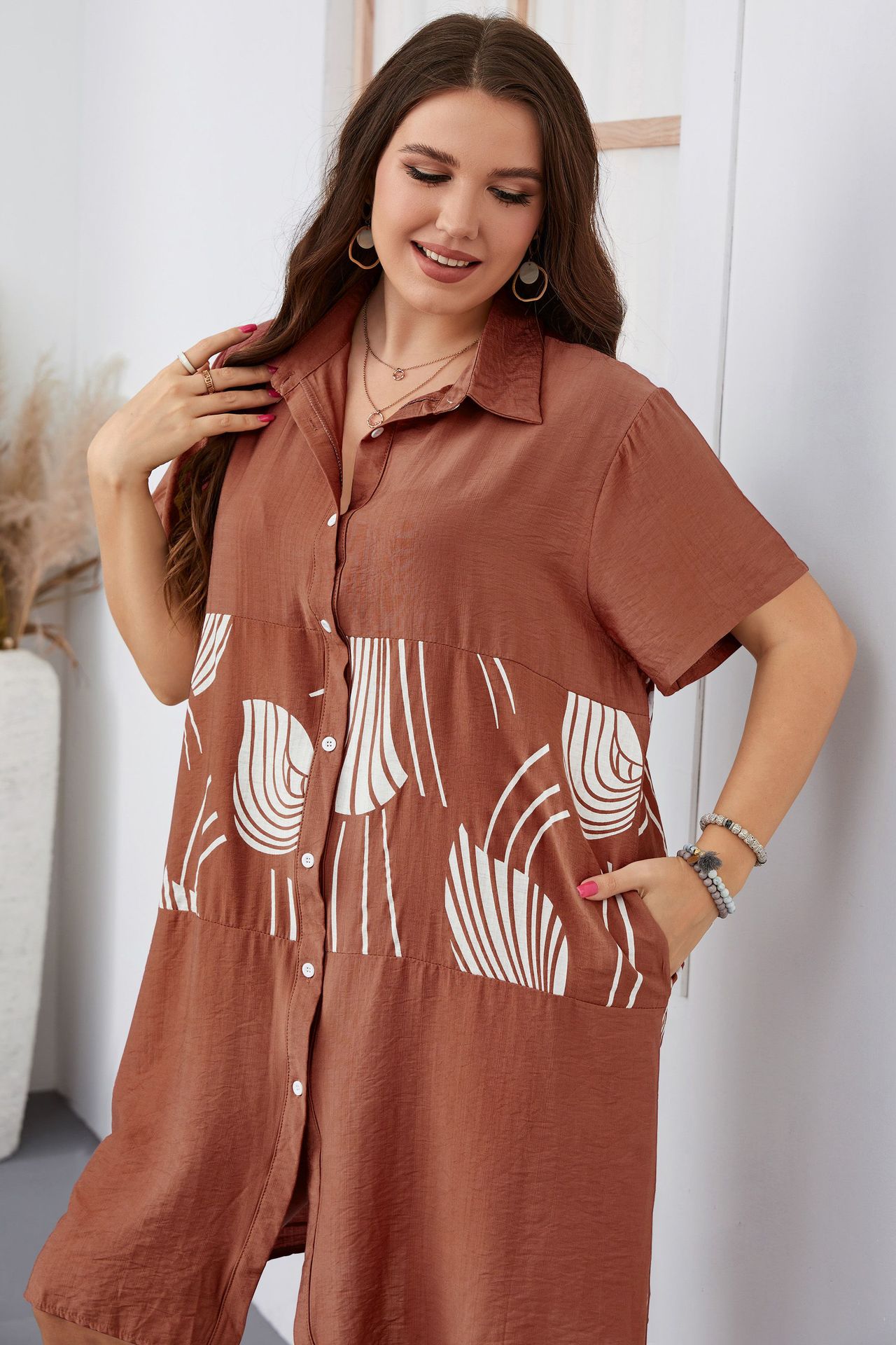 Women's large size loose long short-sleeved women's shirt_voghion.com