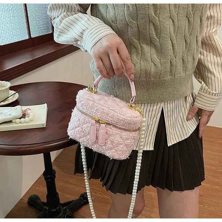 Mini Umhängetasche Für Damen Tweed Karo Klappentasche Perle_voghion.com