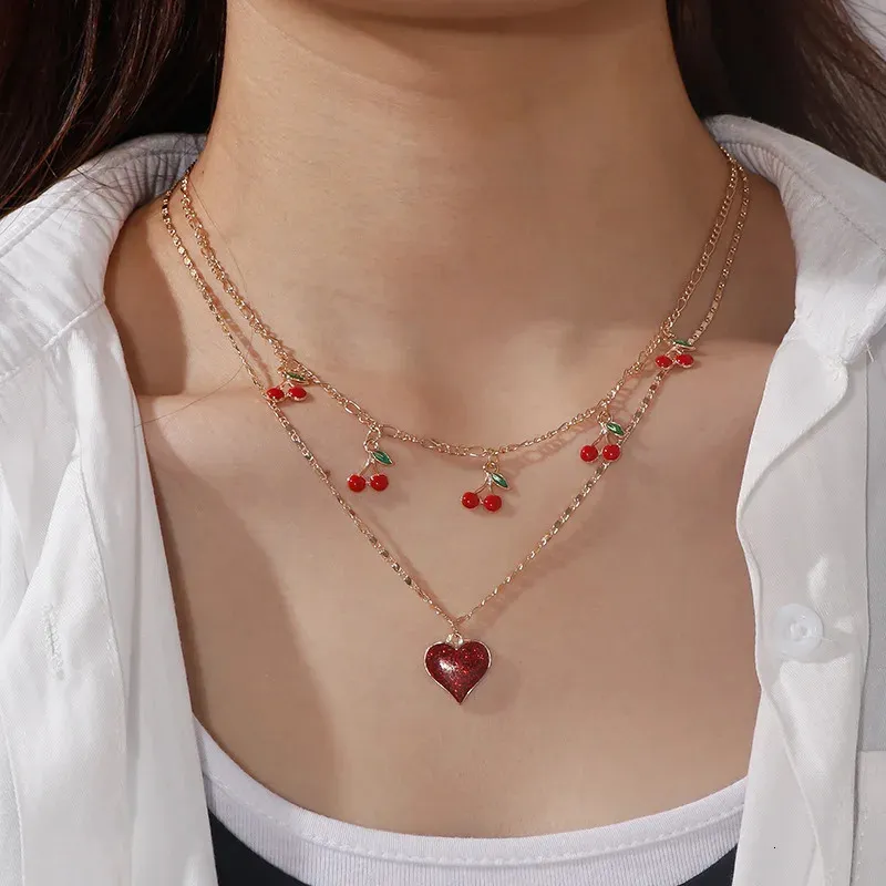 Collar con colgante de corazón y cereza mujer estilo y2k boho_voghion.com