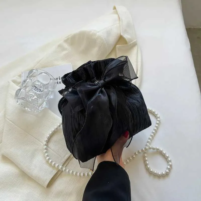 Spitze Schleife Satin Eimer Frauen Mode süße Perle Kette Schulter Umhängetasche Kordelzug Handtasche Party Kupplung_voghion.com