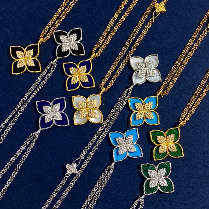 marchio clover designer collane con ciondolo per donna oro argento dolce 4 foglie fiore doppia fila elegante collana maglione_voghion.com