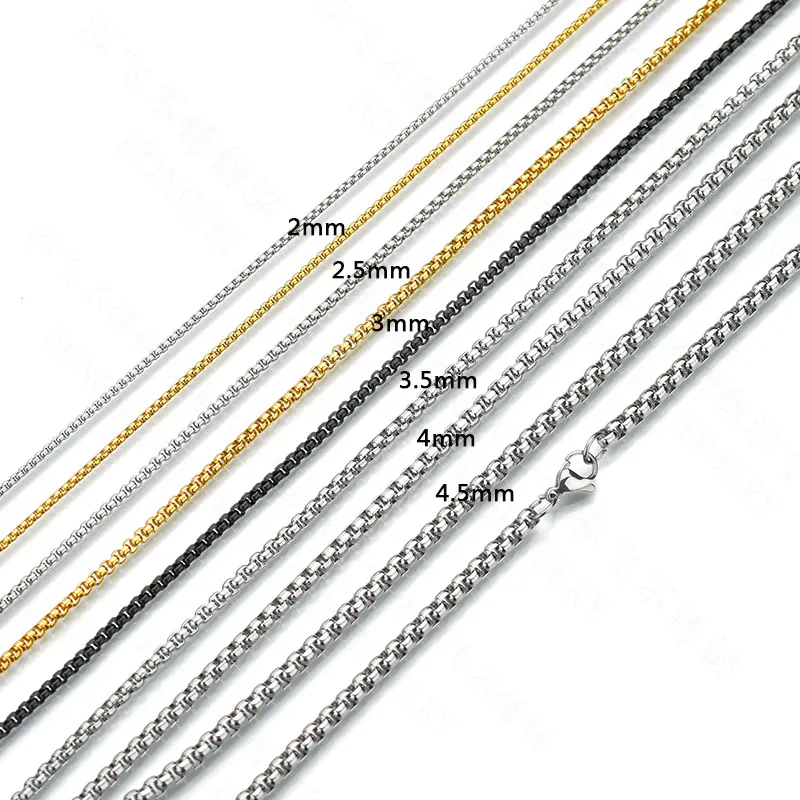 Stainless Steel Round Box Chain Necklace Gold Plated Unisex_voghion.com