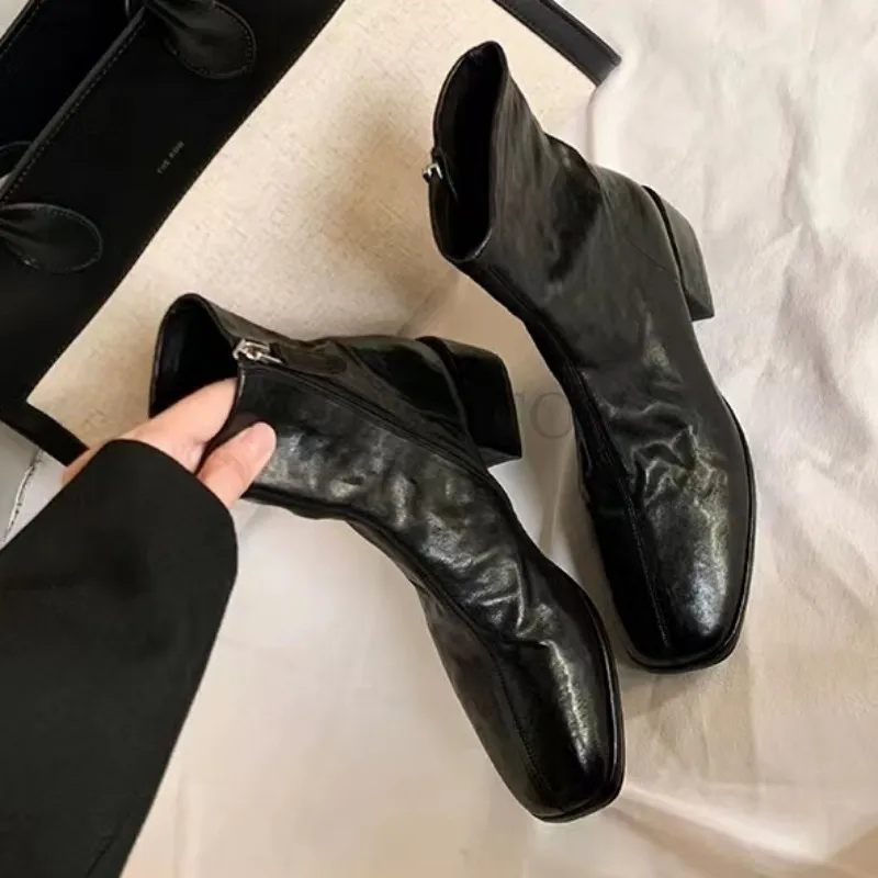 Genuine Leather Heels Thick Soles Square Toe Women Short Zippered Design Casual Fashion Versatile Slim Boots 4.5CM_voghion.com