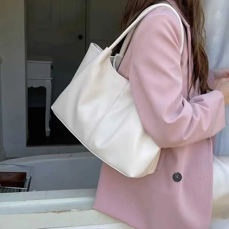 Simple White Shoulder 2024 Womens PU Leather Soft Underarm School Large Capacity Bag Full Student Shopping Handba241031_voghion.com