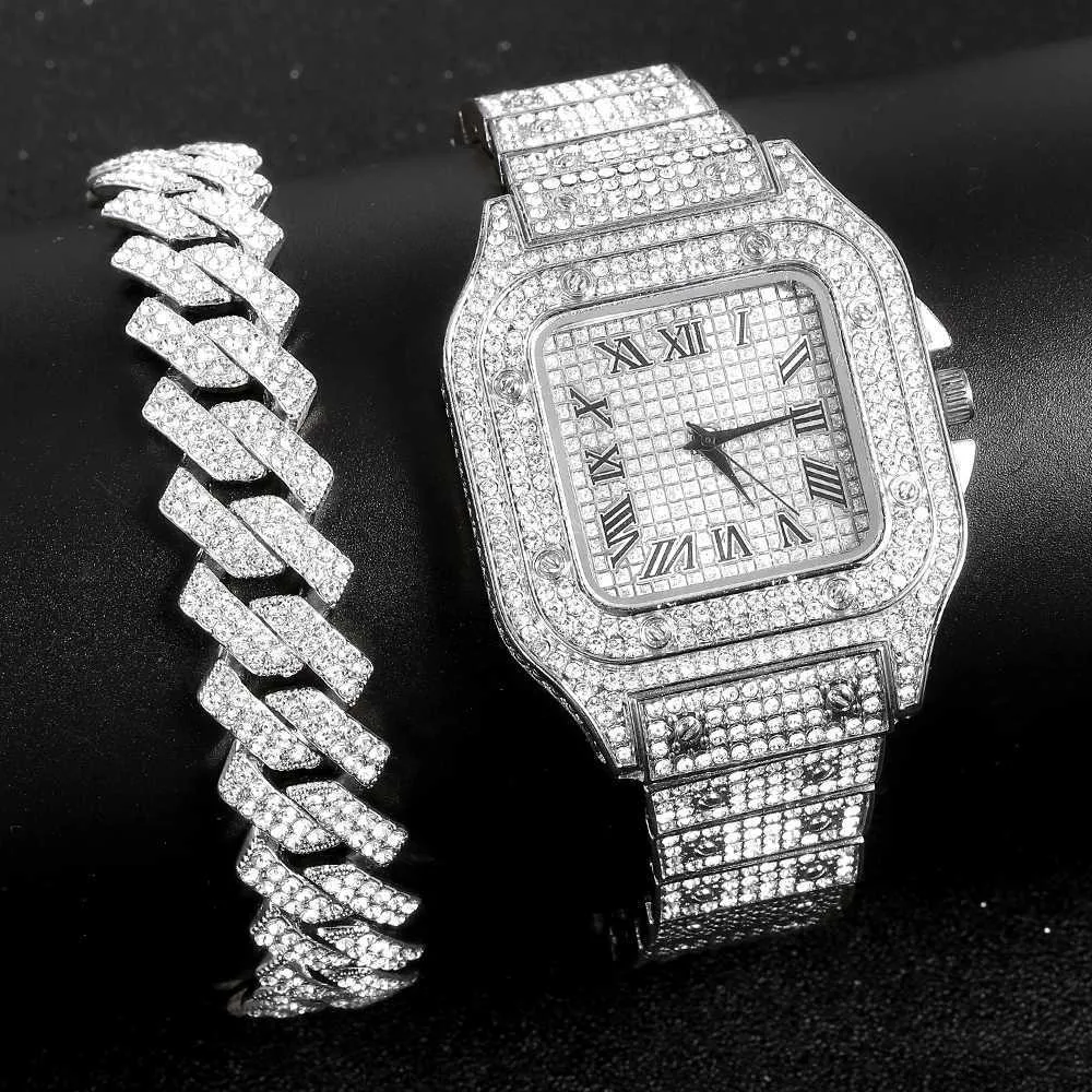 Zelta vīriešu Kubas ķēdes hiphopa Maiami cirtaina ledus laikmeta kaklarota+rokassprādze ar mirdzošiem rhinestones elementiem_voghion.com
