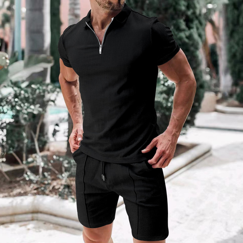 Herren Polo Shirt Set Kurzarm Sommer Freizeit Outfit Waffeloptik_voghion.com