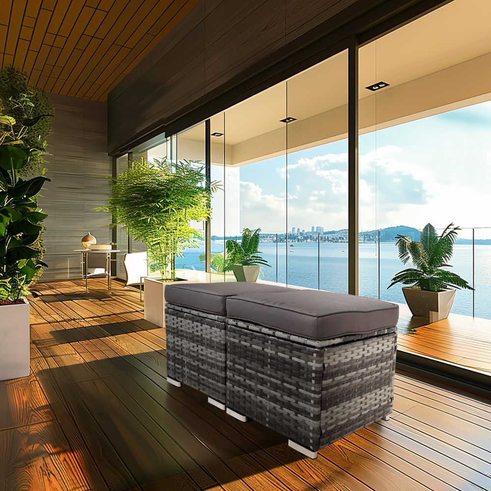 2 Wicker Ottomans, Multipurpose Outdoor Furniture For Patio, Backyard, Additional Seating, Footrest, Side Table W/Storage, Removable Cushions_voghion.com