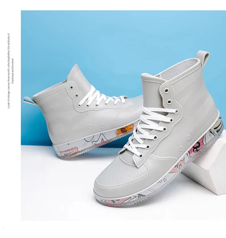 Bottes de pluie tendance pour hommes, couleur chair, anti-salissures, chaussures de travail, de pêche, en caoutchouc, imperméables et durables, baskets pour hommes 240621_voghion.com