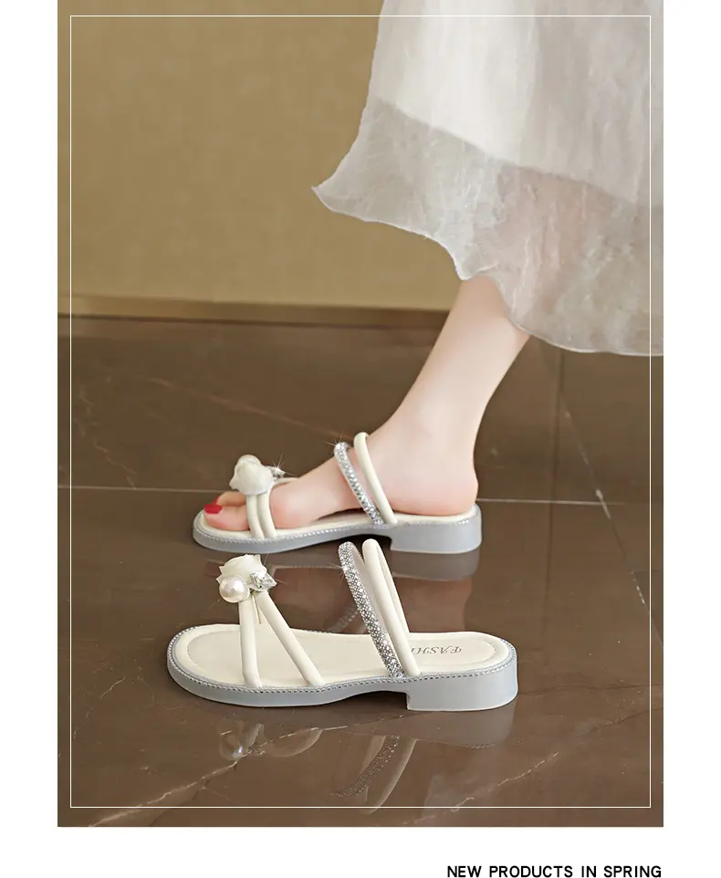Elegant Women's Pearl Rhinestone Flat Sandals Low Block Heel Slide_voghion.com