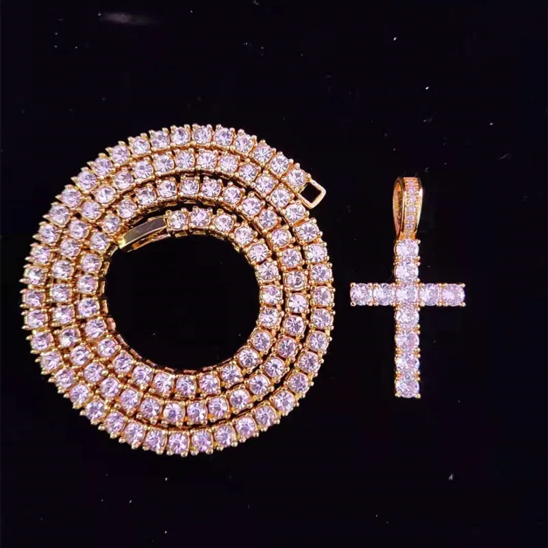 Anheng Halskjeder Menn Kvinner Hip Hop Cross Halskjede Med 4mm Zircon Tennis Kjede Iced Out Bling HipHop Smykker Mote_voghion.com