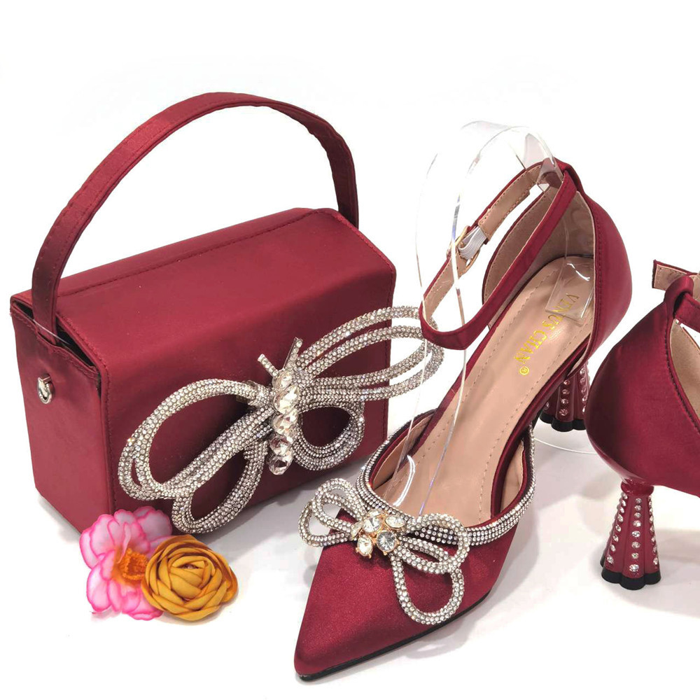 Women's Shoes Burgundy Square Box Handbag With Ladies Pointed Bow Ladies Sandals High Heels Large