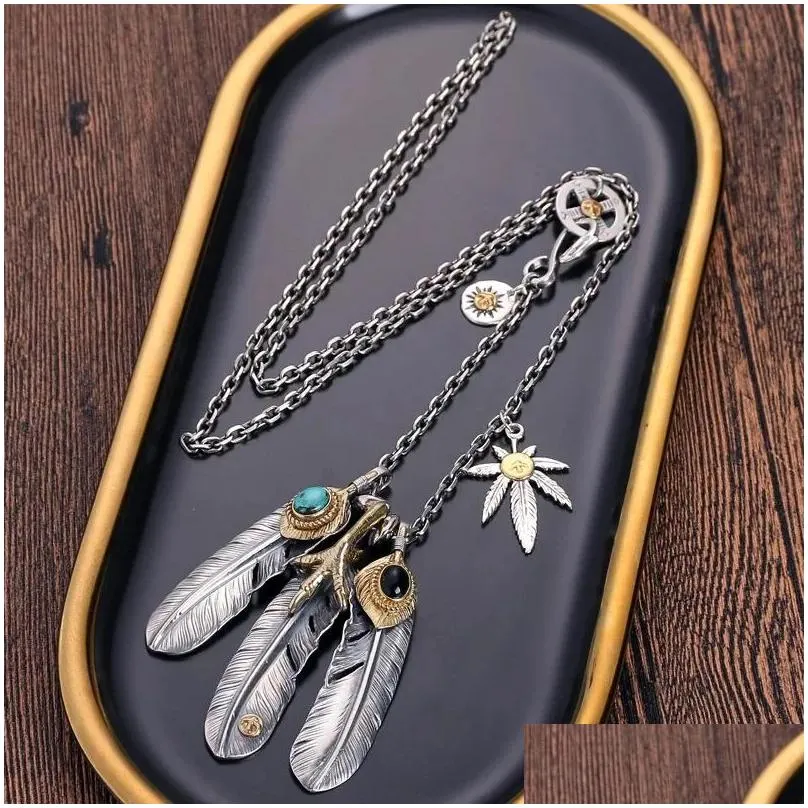 Collane con ciondolo Qn Takahashi Goro Style Collana con piuma turchese naturale Donna Uomo Too Set di catene angolari Maglione_voghion.com