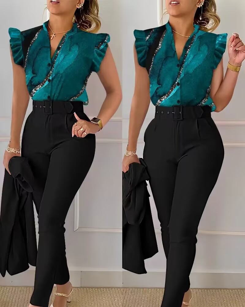 Women's Fashion Casual Lotus Leaf Sleeve Vest Two-piece Suit Women's Clothing_voghion.com