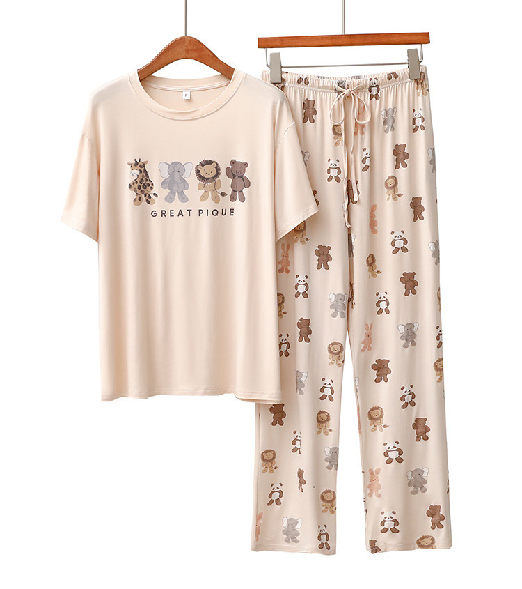 Vêtements pour femmes Printemps et été Modal Pyjamas Femmes Dessin animé Animal Manches Courtes Pantalon Mince Lâche Doux Confortable Ensemble de vêtements pour la Maison_voghion.com