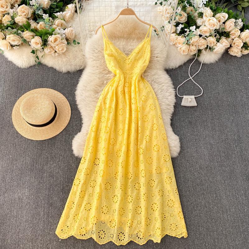 Women’s Heavy Industry Hollow Flower Shape Sexy Collar Backless Suspender Dress Spring New Style Goddess Resort Style Long Skirt Trendy