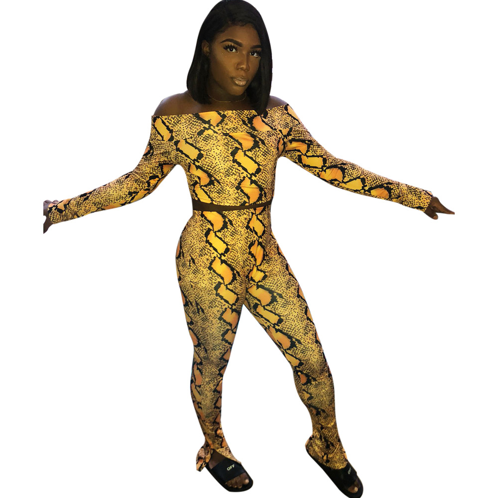 Sexy Snakeskin Women's Pant Set One-shoulder Tight Spring Outfit_voghion.com