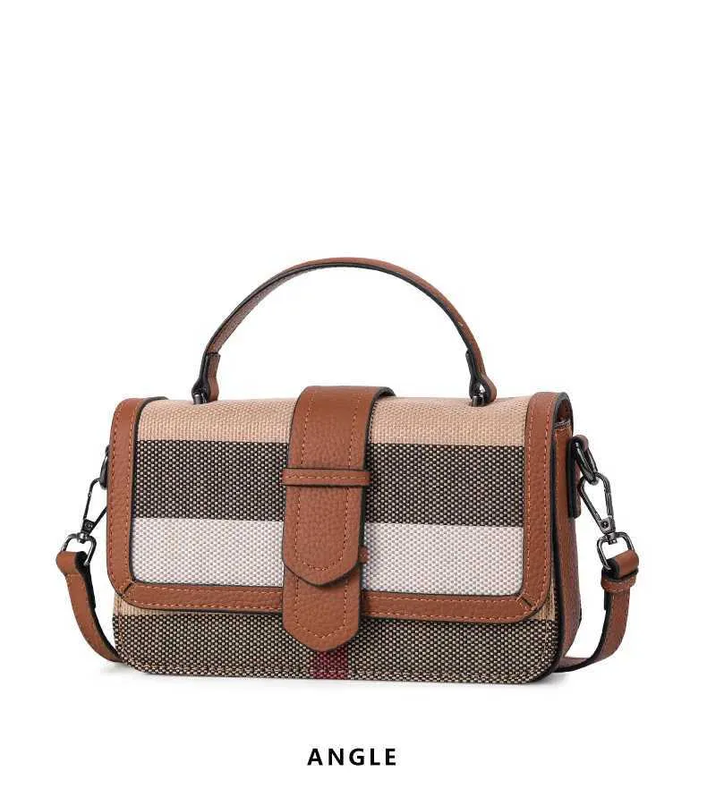 Crossbody Shoulder Handbag In Plaid Canvas And Cowhide Leather_voghion.com