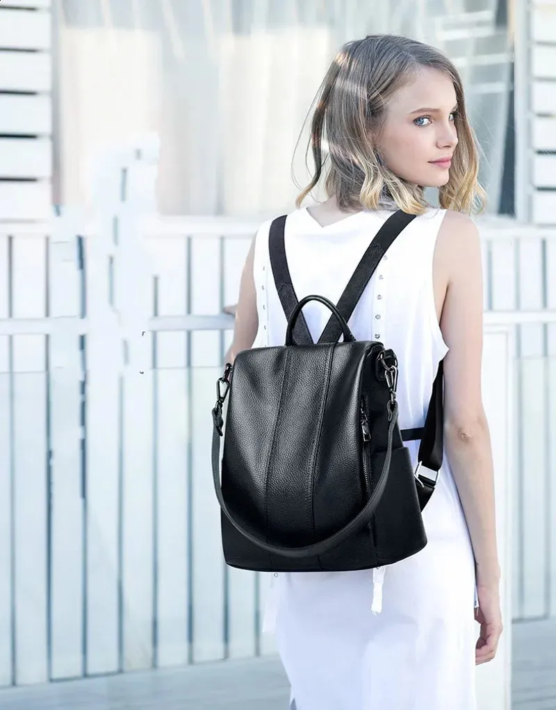 Womens Korean Casual Real Leather Fashion Backpack Top Layer Cowhide Female High Quality School Bags Travel Bag 240823_voghion.com