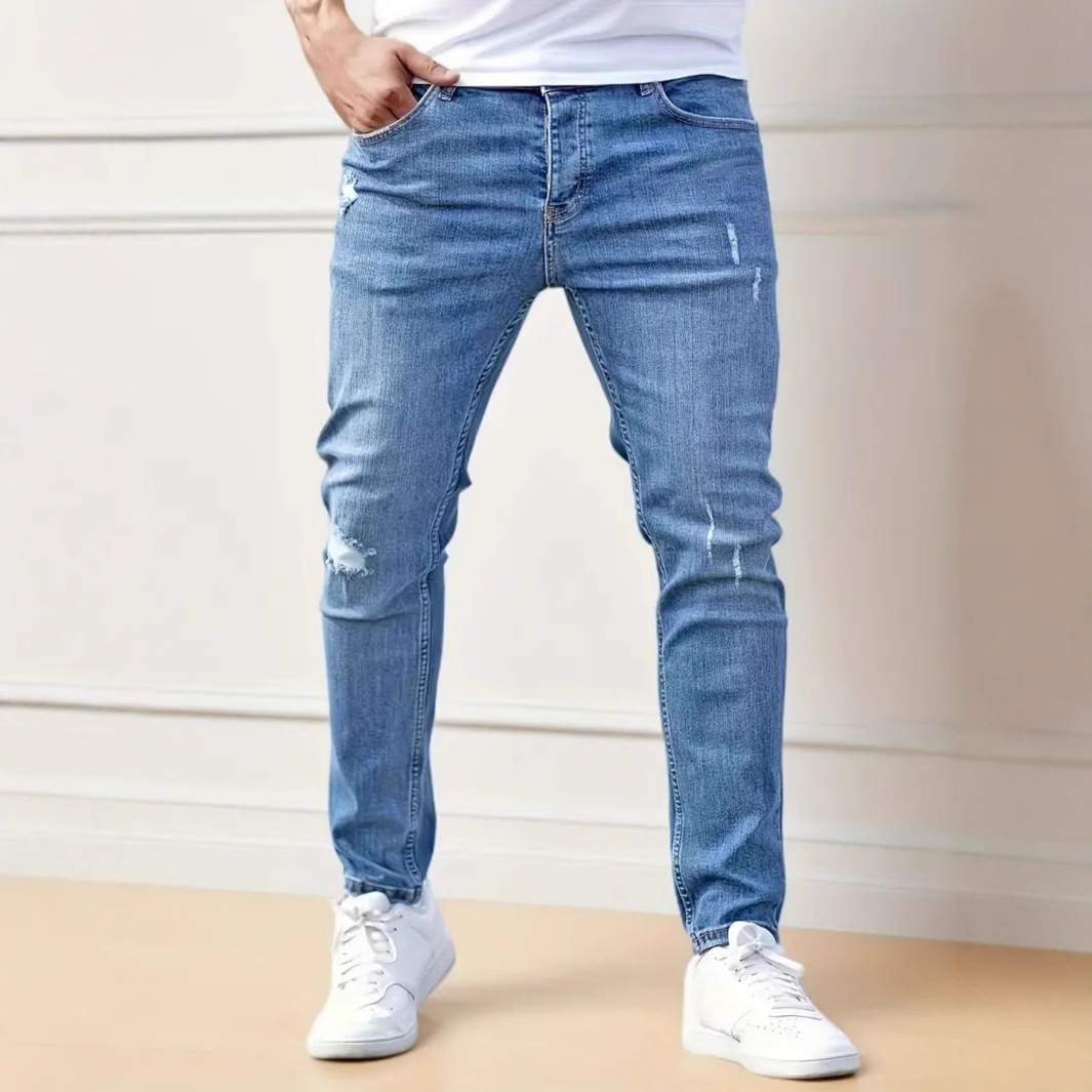 Women's Clothing men's new simple hole commuter denim trousers slim fit slim feet trendy handsome jeans