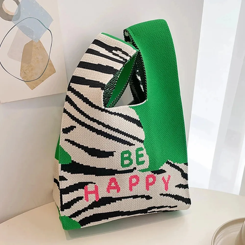Handmade Knit Handbag Women Mini Knot Wrist-bag Female Casual Color Wide Stripe Plaid Tote Student Reusable Shopping Bag_voghion.com