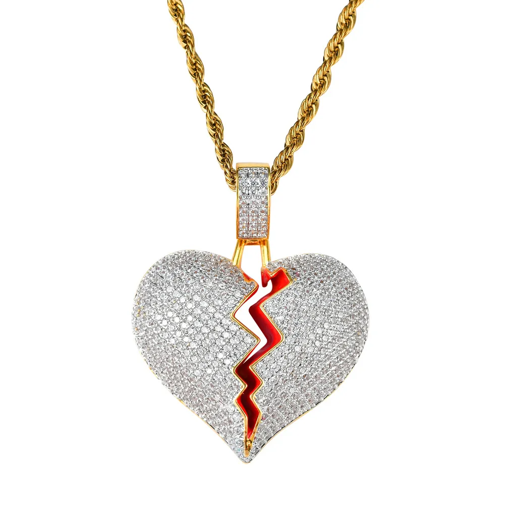 Pendant Necklaces Heart Broken Necklace Gold Sier Color Zirconia Stone Hip Hop Jewelry For Men Charm Gifts_voghion.com