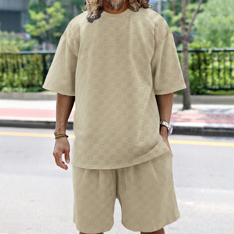 European And American Cross-border Oversize Trendy Men's Clothing Jacquard Checkerboard Spring And Summer Loose Sports And Leisure Two-piece Suit Men_voghion.com