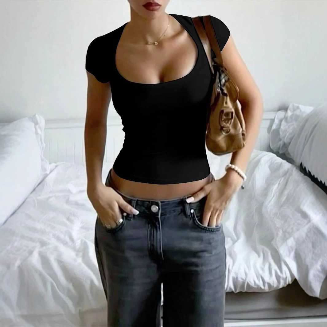 Sexy Crop Top Women’s Short Sleeve T-Shirt – Stretchy U Neck Belly Button Show Off Fit, Streetwear & Festival Essential