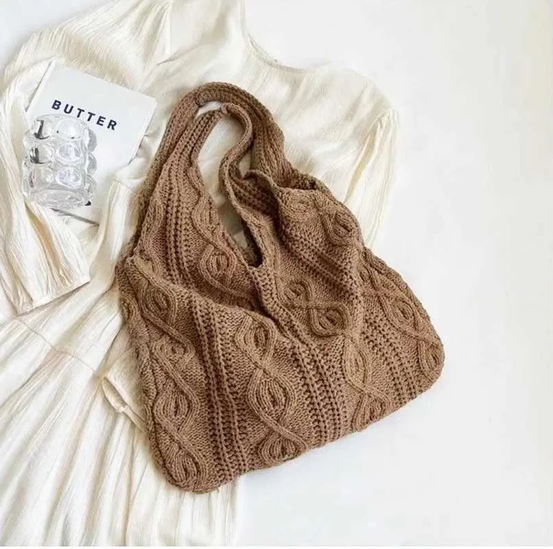 Vintage Strick Schultertasche Für Damen, Große Handtasche Casual_voghion.com