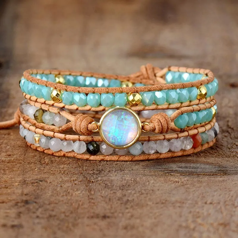Charm Högkvalitativ Kvinnor Naturlig Opalsten 3 Rader Läderarmband Fancy Femme Boho Armband Dropship 230814_voghion.com