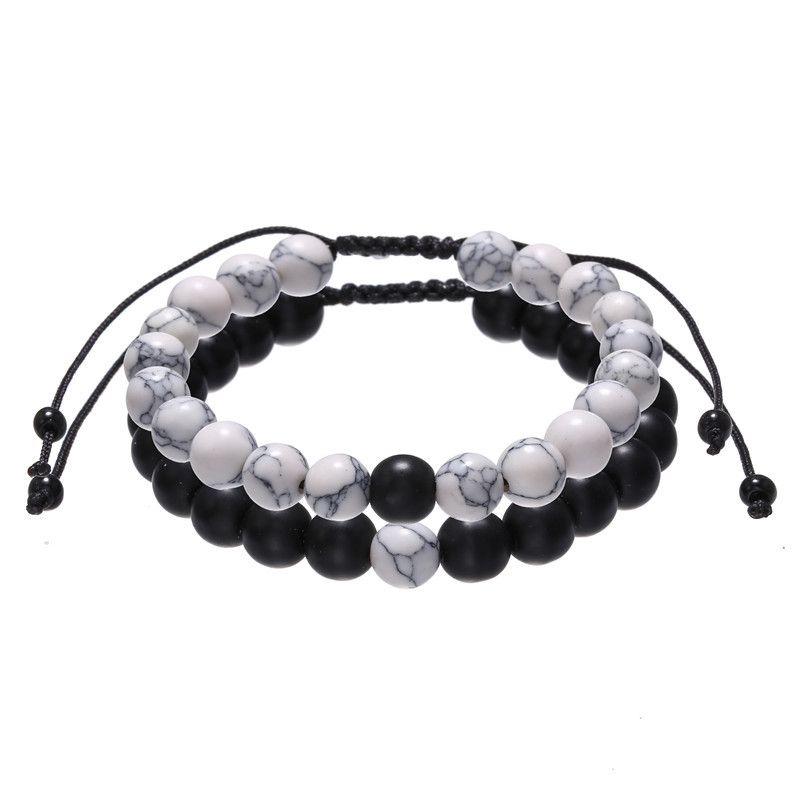Fashion Retro Black Matte White Turquoise Braided Buddha Beads Set Men's Adjustable Couple Bracelet_voghion.com