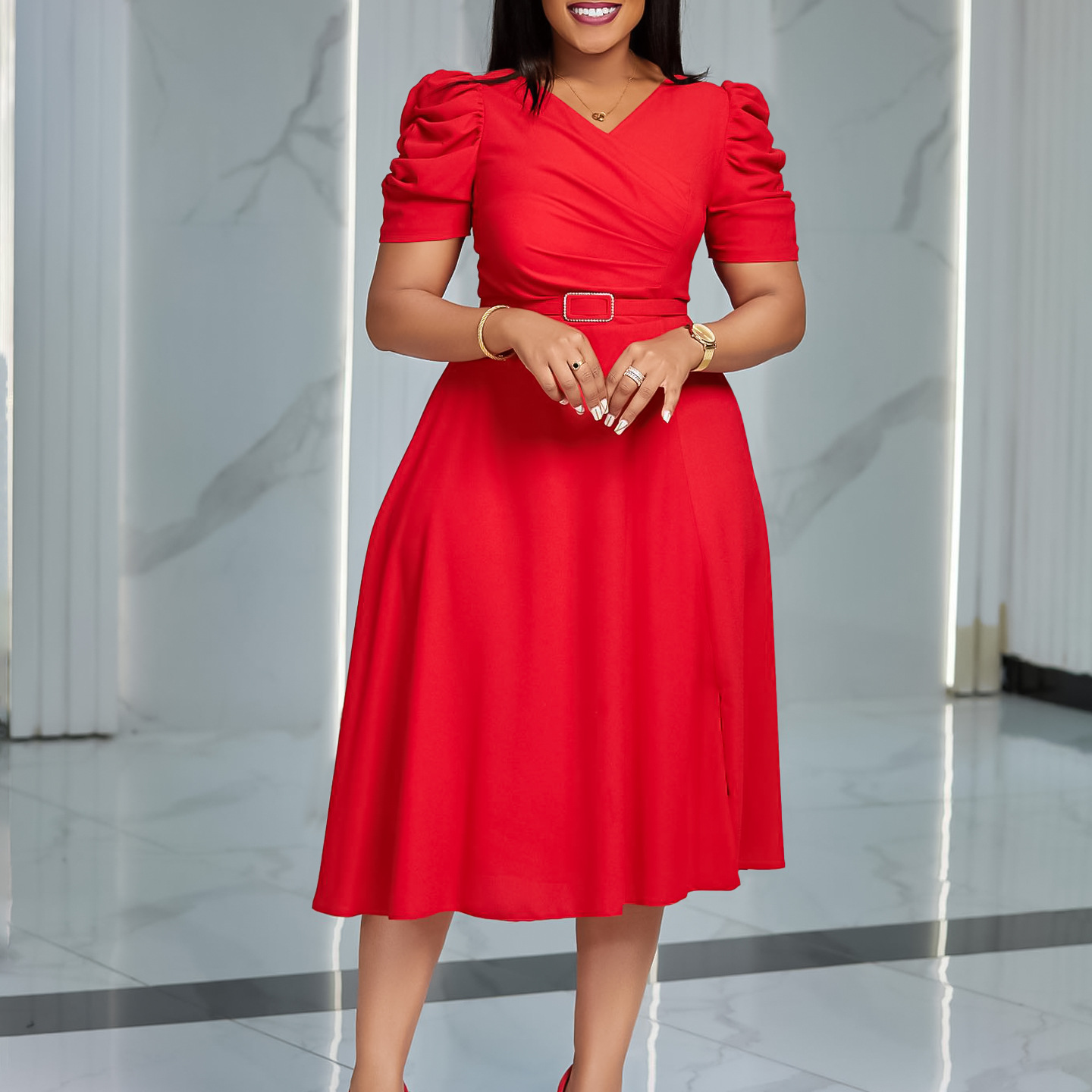 Îmbrăcăminte pentru femei, vară, modă nouă, temperament elegant, cu decolteu în V, fustă plisată, leagăn mare_voghion.com