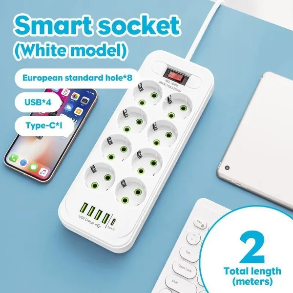 Protector contra sobretensiones de 8 tomas con puerto USB-C y 4 puertos USB, compatible con los estándares de la UE._voghion.com