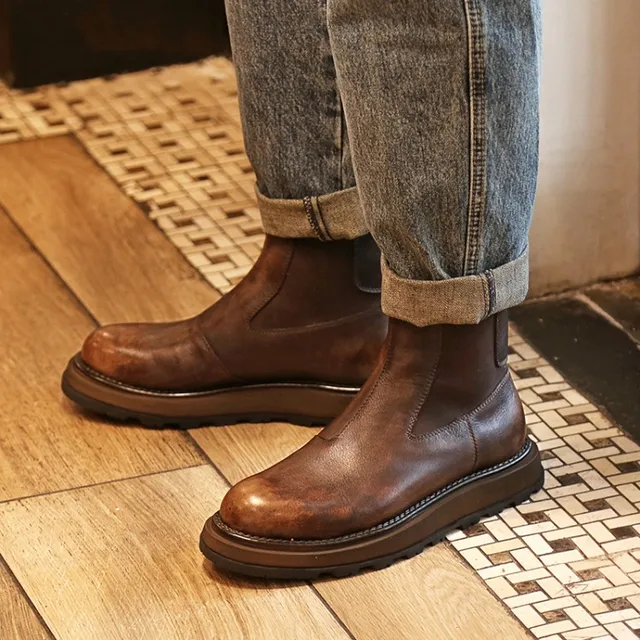 Vintage Heren Dikke Platform Hoge Top Zakelijke Werk Veiligheidsschoenen Echt Leer Nieuwe Ronde Neus Slip On Enkellaarsjes_voghion.com