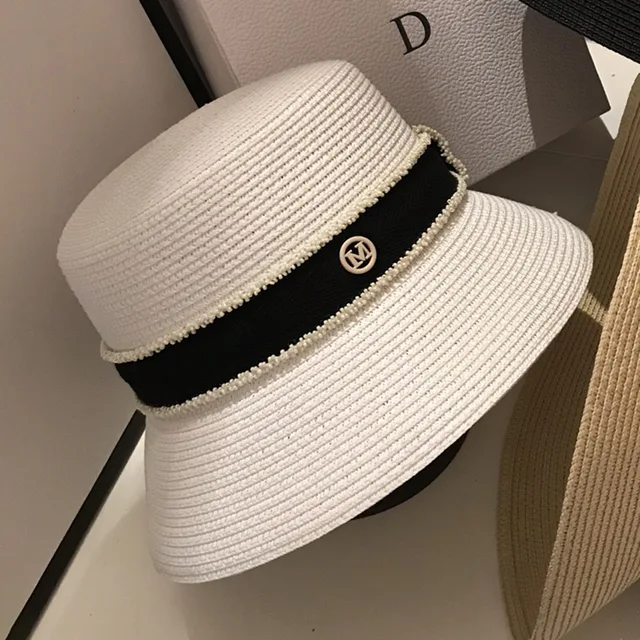 Pălării de soare din paie pentru femei, vară, cu bor plat, panglică, plajă, călătorie, Chapeau Femme, pălărie de găleată_voghion.com