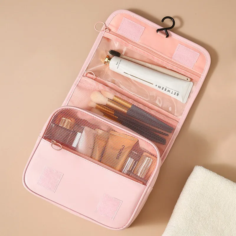 Trousse de maquillage portable de grande capacité avec crochet pour ranger les produits cosmétiques et les articles de toilette, idéale pour les voyages et les affaires._voghion.com