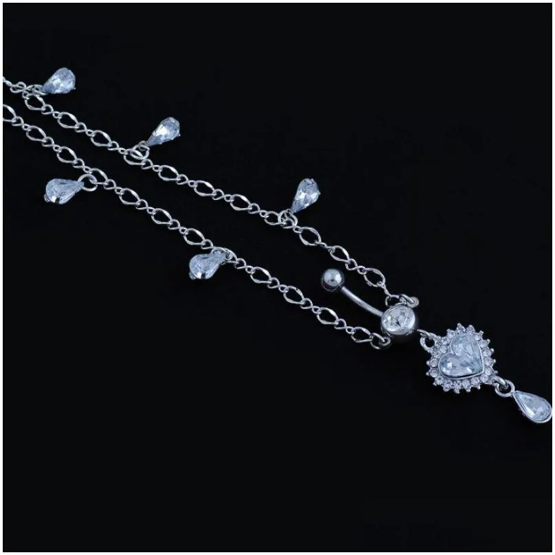 Wassertropfen Pfirsich Herz Kristall Bauchketten Baumeln Knopf Ring Mit Taille Kette Strass Nabel Piercing Körperschmuck_voghion.com