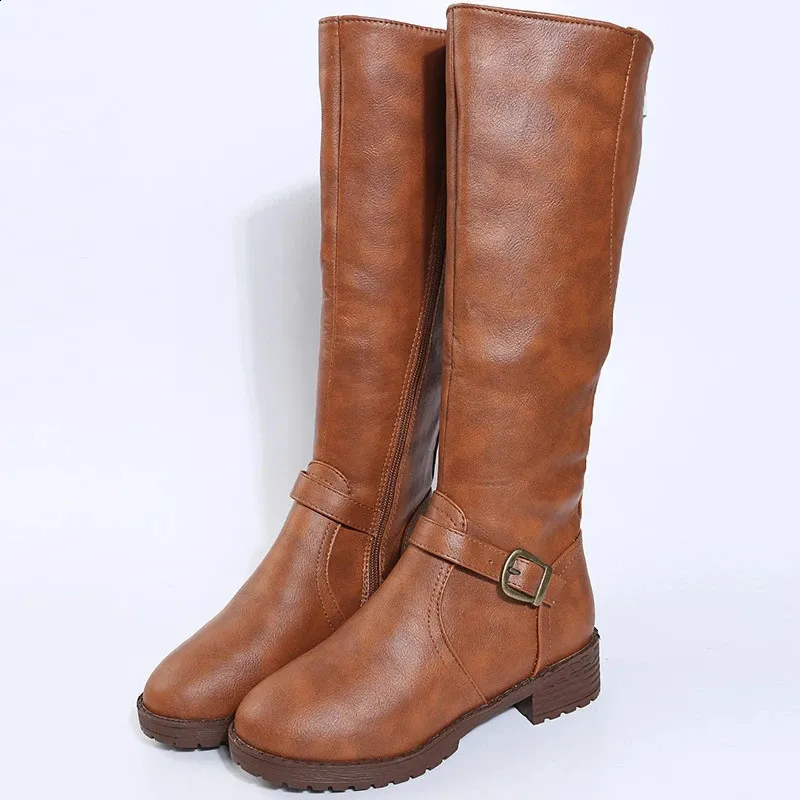 Retro Brown Knee High Large-sized Low Platform Long Autumn Pu Leather Zipper Womens Warm Boots 240911_voghion.com