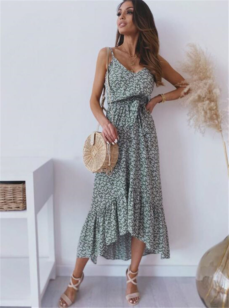 Damen Blumen Trägerkleid Mit Taillengürtel Für Den Sommer_voghion.com