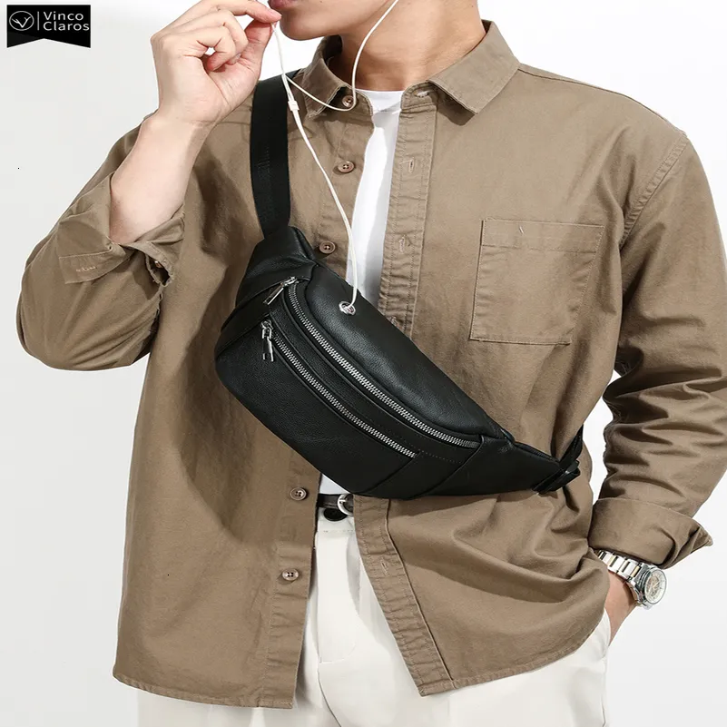 VC Simple Black Mens Genuine Leather Fanny Pack Lekka sportowa talia dla mężczyzn Pasek Torba na telefon Torby na klatkę piersiową Męskie Małe_voghion.com