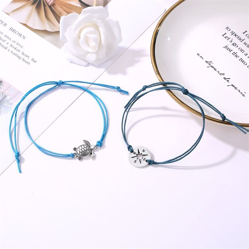 foot Decoration Retro Simple String Bracelet Creative Compass Turtle Two-piece Anklet_voghion.com