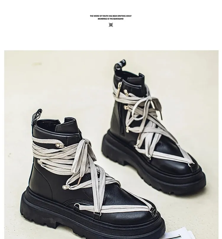 Bottines courtes en cuir à plateforme pour homme, chaussures de moto noires à la mode, style streetwear, 250114_voghion.com