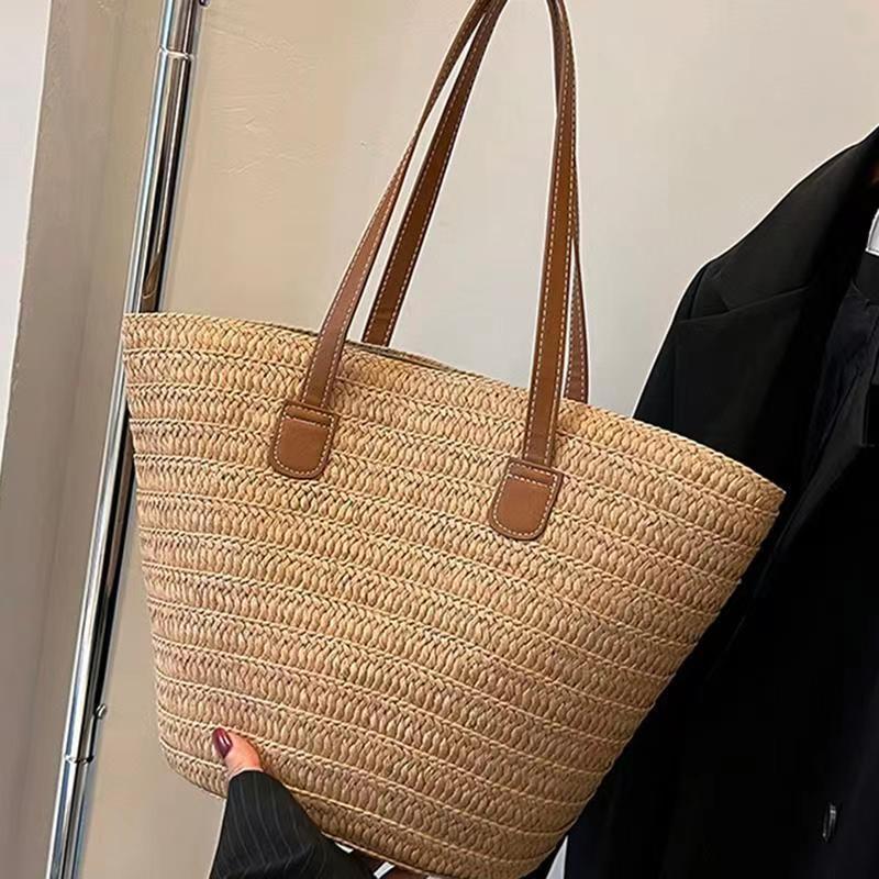 Women's fashion single shoulder paper rope woven bag retro beach bag_voghion.com
