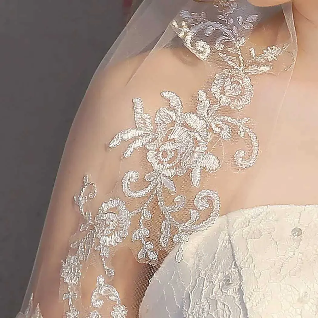 Gioielli per capelli da sposa in pizzo per spose, velo da sposa corto a 2 strati con applicazioni e pettine, veli in morbido tulle._voghion.com