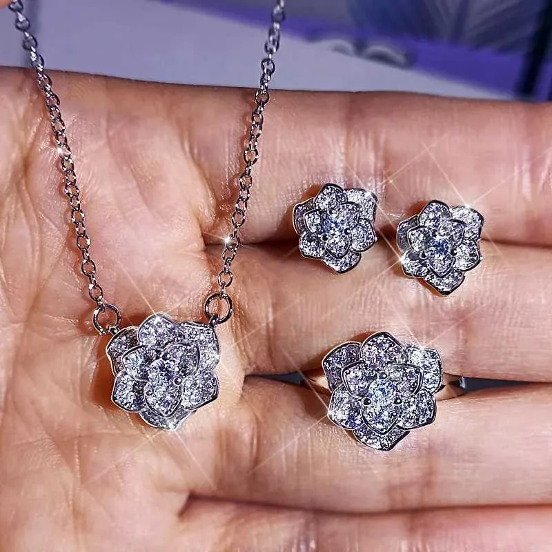 Hochzeitsschmuck-Sets 3-teilig Sterling Silber Herzschliff Zirkon Verlobungsring Ohrringe Anhänger Damen Party Geburtstagsgeschenk_voghion.com