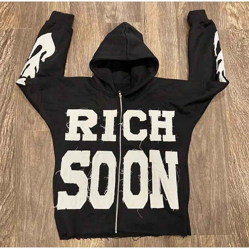 Street Rich Soon Bedruckter Kapuzenpullover für Männer, trendiger Y2k-Kapuzenpullover mit langen Ärmeln und Reißverschluss, Herbsttasche, lockere Kapuzenpullover_voghion.com