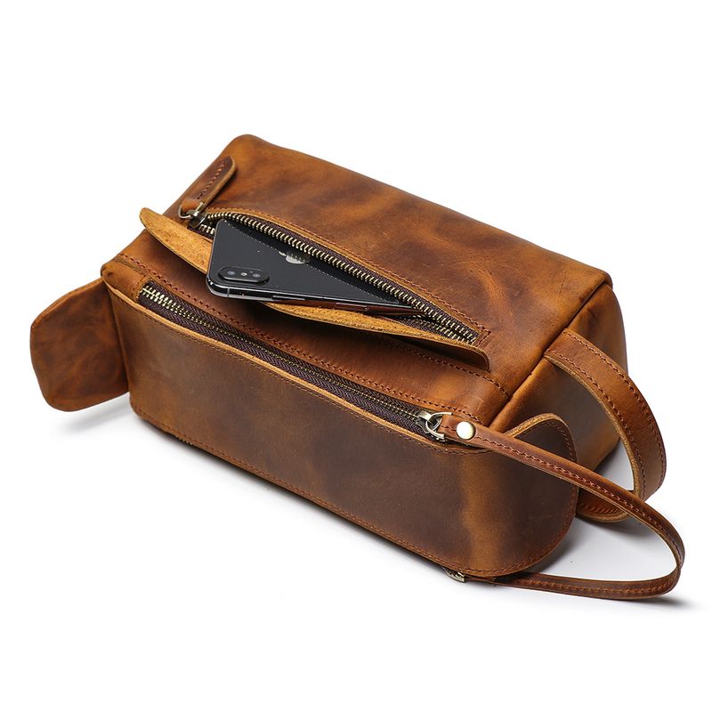 Multifunktionale Retro-Lederhandtasche Herren-Make-up-Tasche, große Kapazität, Aufbewahrungstasche für Toilettenartikel_voghion.com